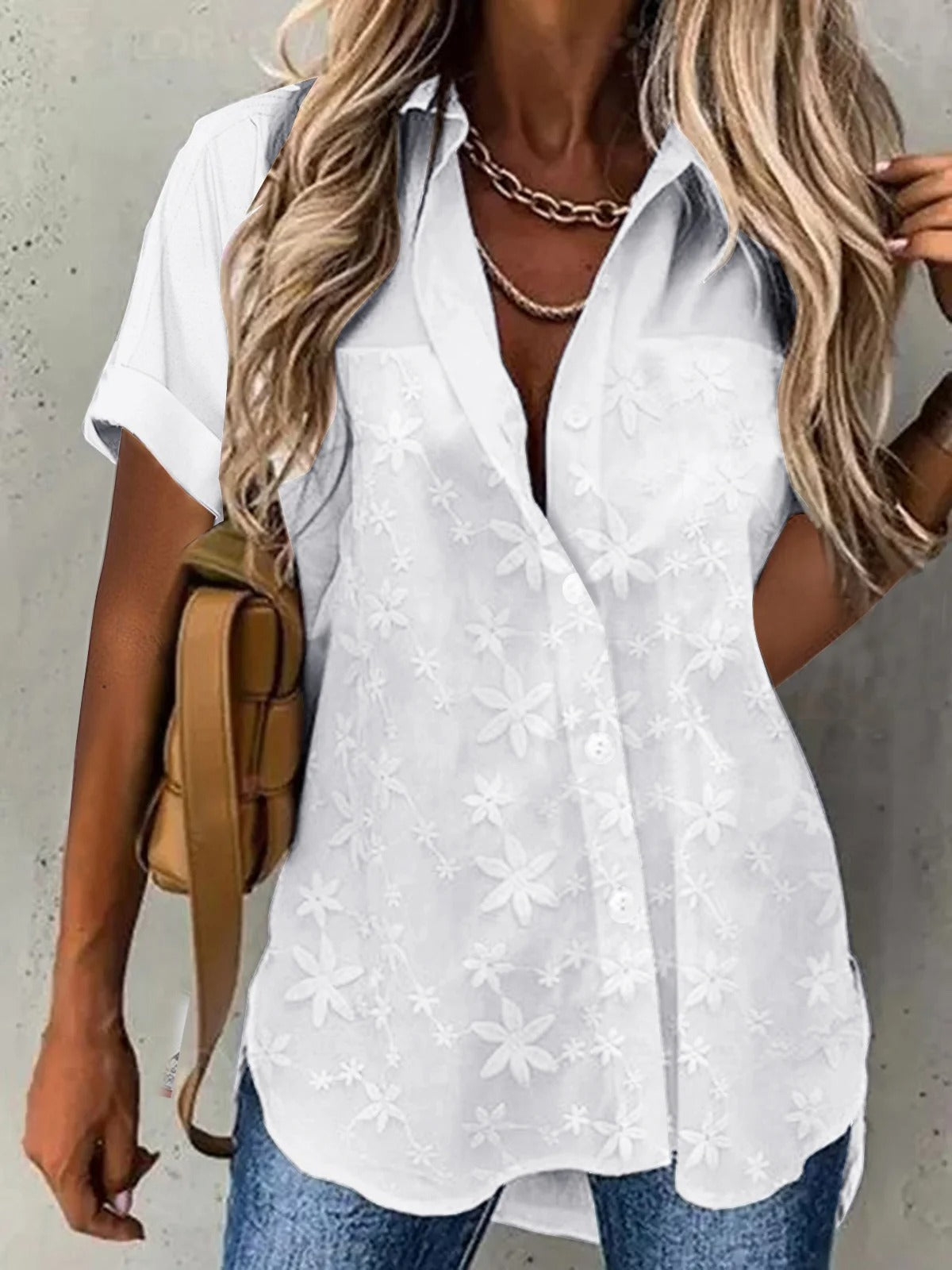 Summer Plain Lace Casual Shirt Collar Loose Blouse