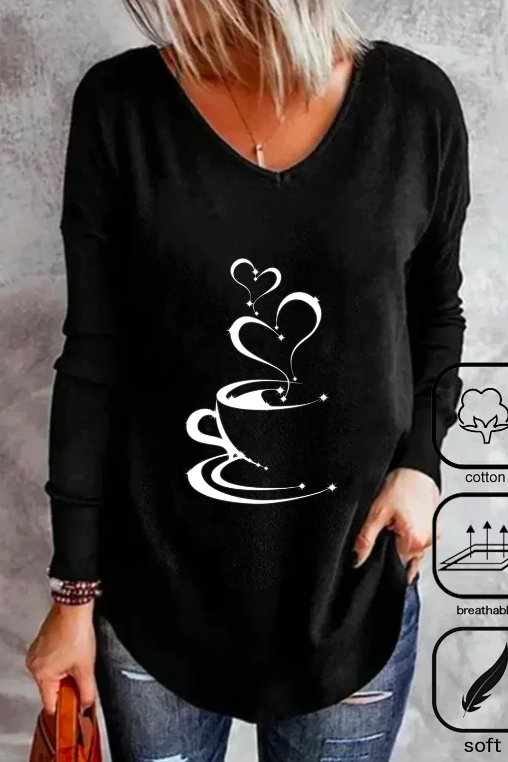 Heart Loose V Neck Casual T-Shirt