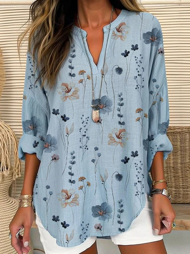 Floral Linen Shirt Collar Loose Blouse