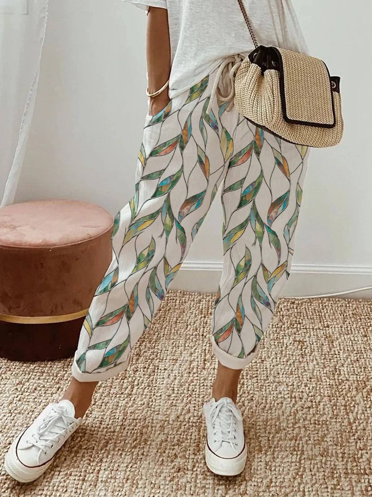 Cotton & Linen Loose Geometric Printed Lace-Up Casual Pants