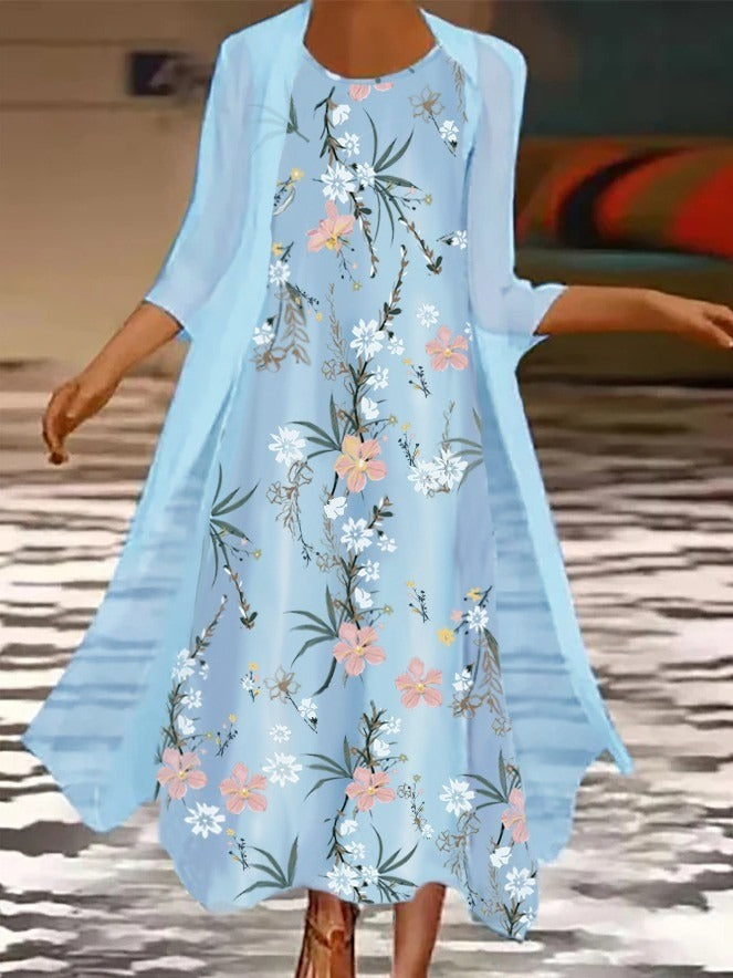 Robe maxi deux pièces bleu ciel à imprimé floral et col rond