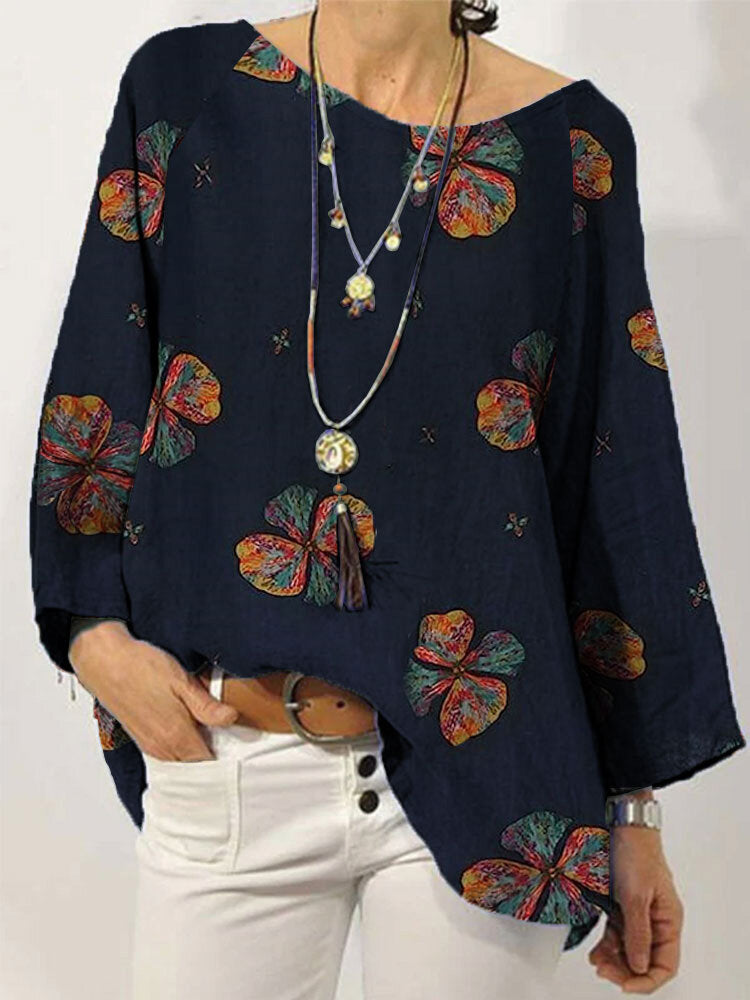 Women's Colorful Floral Print Crew Neck Long Sleeve Blouse