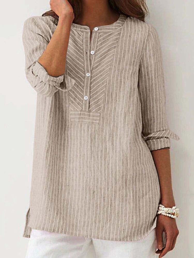 Women's Striped Half Button High-Low Hem Cotton Long Sleeves Blouse