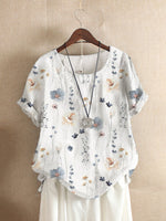 Women's Vintage Floral & Plant Print Crew Neck Short Sleeve Blouse