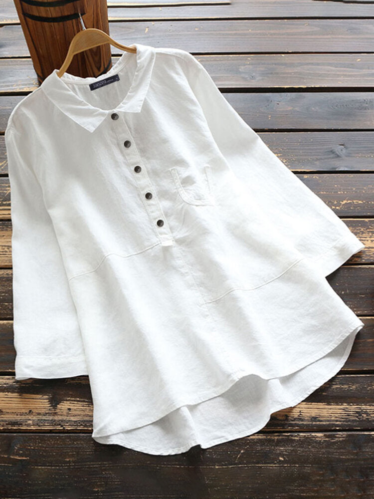 Solid Color Shirt Lapel Collar Long Sleeve Cotton Casual Blouse