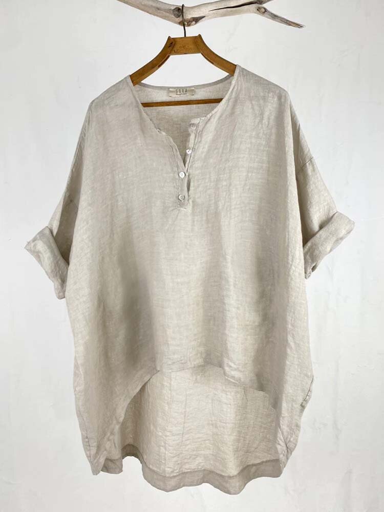 Women's Solid Quarter Button High-Low Hem Cotton Blouse