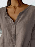 Women's Loose V Neck Plain Three Quarter Sleeve Cotton And Linen Blouse
