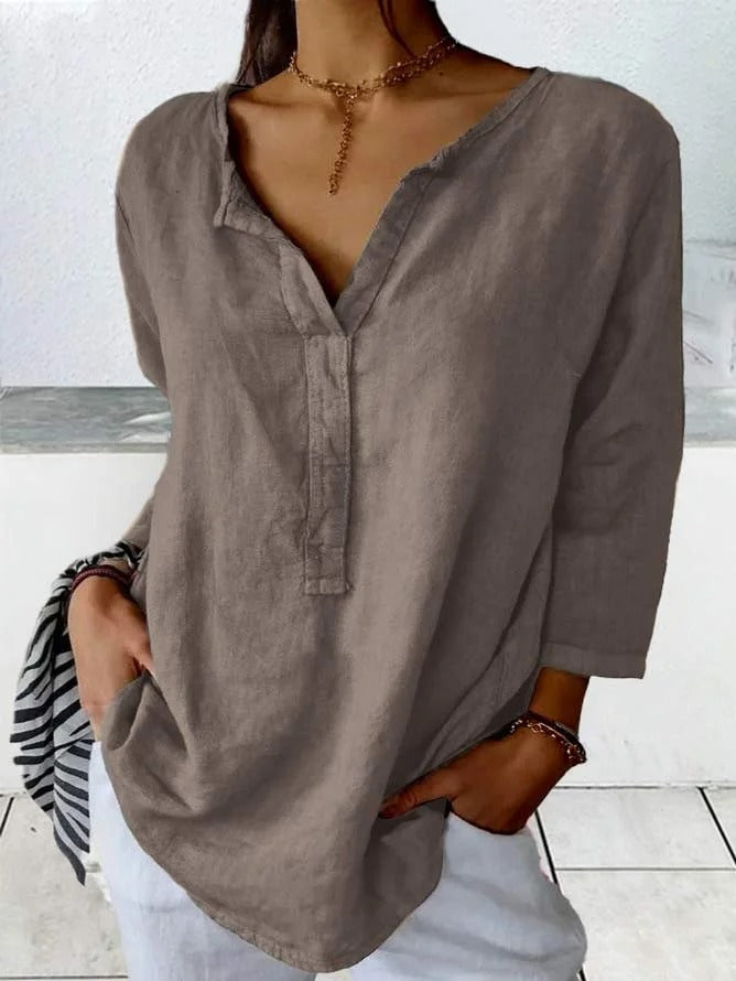 Women's Loose V Neck Plain Three Quarter Sleeve Cotton And Linen Blouse