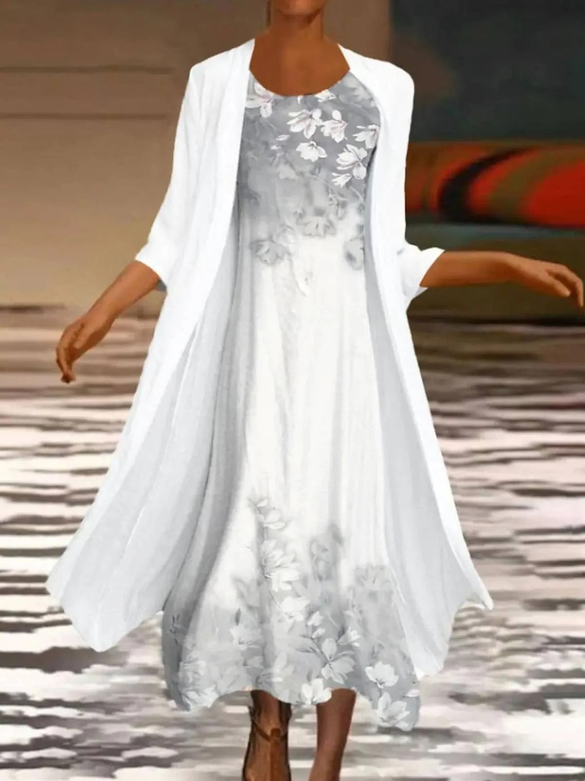 Women's Floral Print 3/4 Sleeves Two Piece Maxi Dress