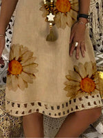 Khaki Cotton Printed V Neck Casual Mini Dress