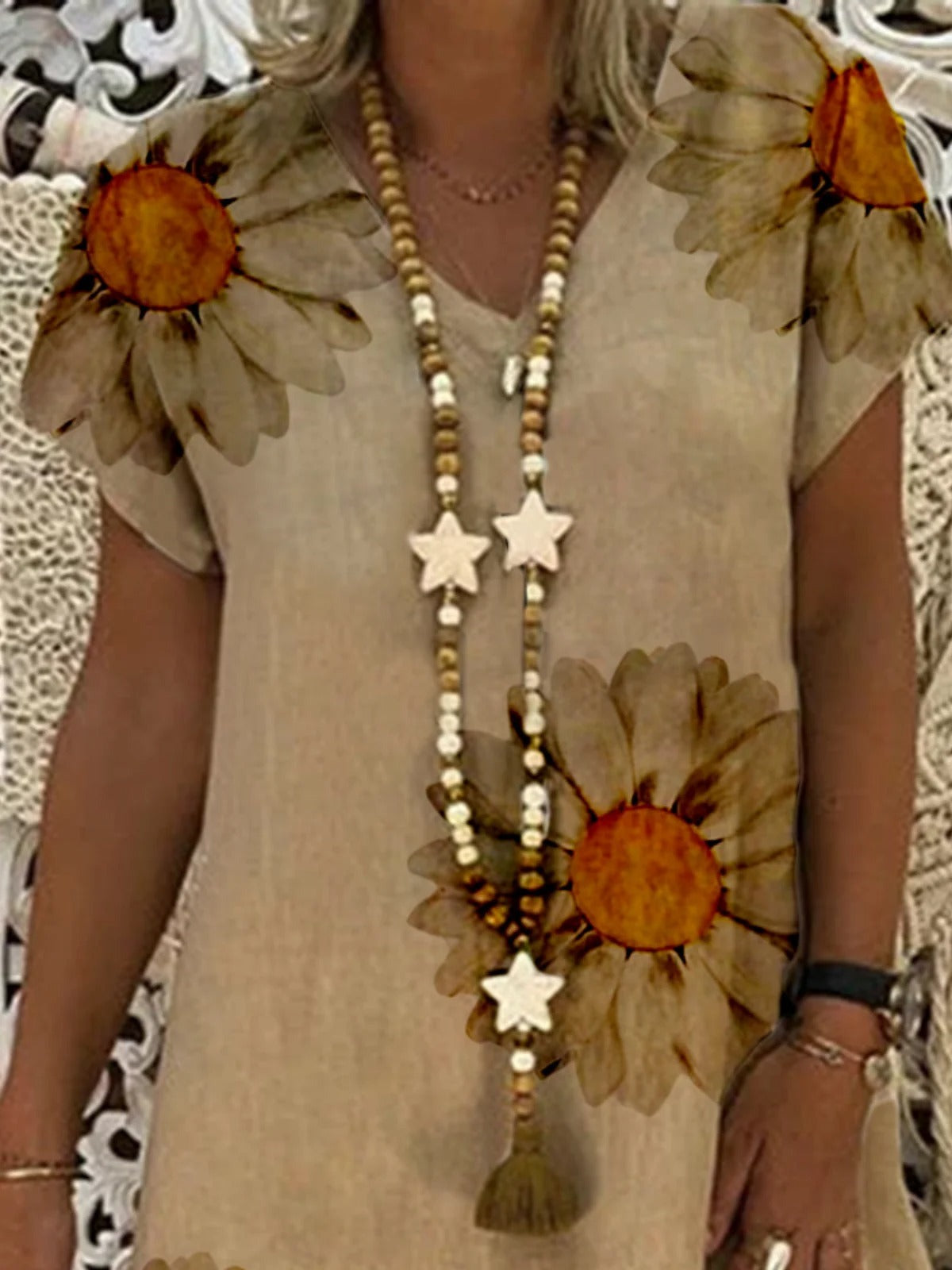 Khaki Cotton Printed V Neck Casual Mini Dress