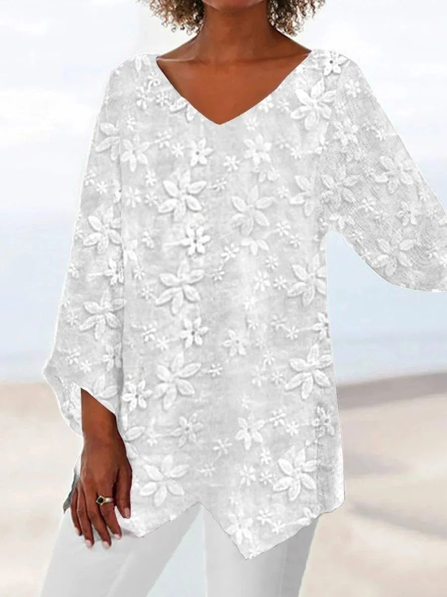 Women's Elegant White Floral Lace V Neck Asymmetric Hem Long sleeve Tunic Blouse