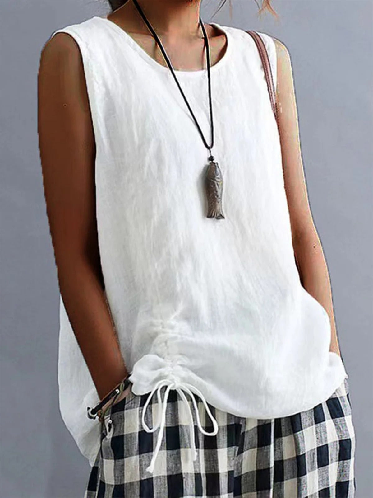 Women's Loose Drawstring Side Ruched Summer Plain Sleeveless Cotton Linen Tank Top