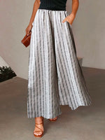 Women's Striped Wide Leg Pants Elastic Waist Drawstring Pockets Flowy Beach Pants