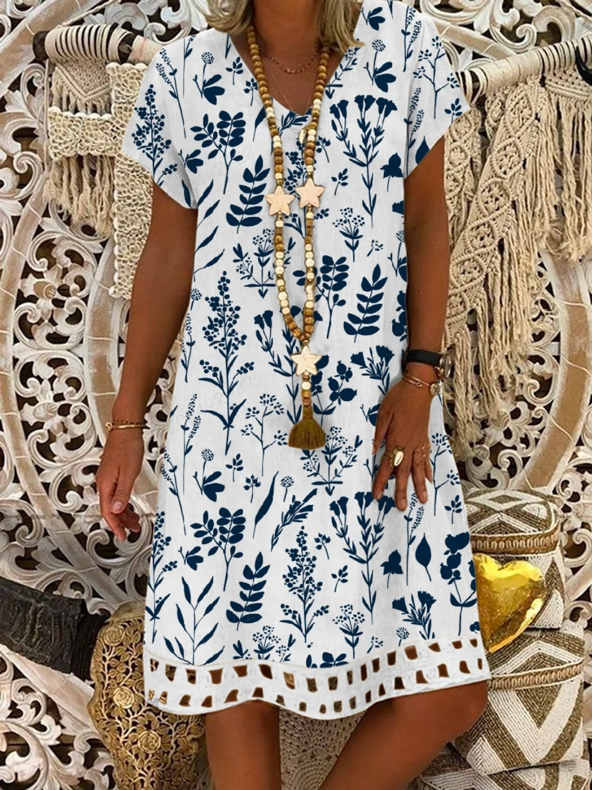 Floral V Neck Linen Style Loose Mini Dress