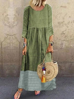 Crew Neck Gray Women's Shift Date Linen Plain Linen Paneled Weaving Maxi Dress