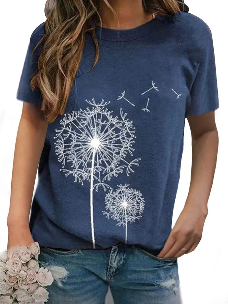 Dandelion Print Cotton-Blend Short Sleeve Casual T-Shirt