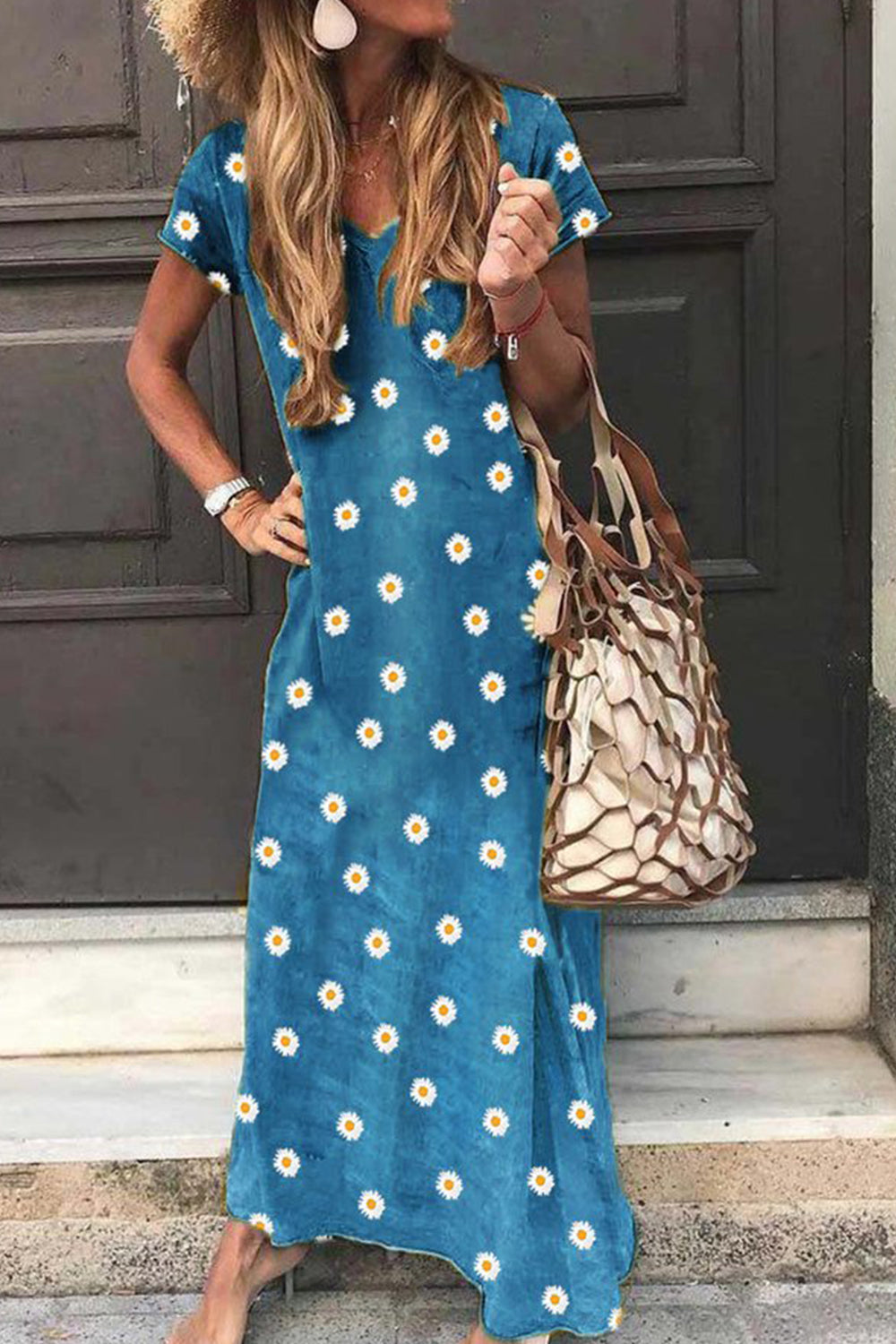 Summer Casual Retro Little Daisy Printed Short-sleeved V-neck Maxi Dress