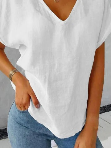 Loose Casual Plain Cotton V-neck Shirt