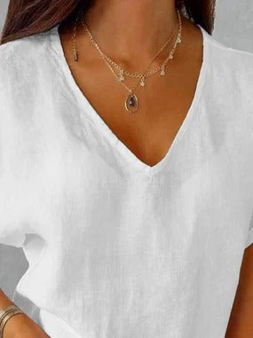Loose Casual Plain Cotton V-neck Shirt