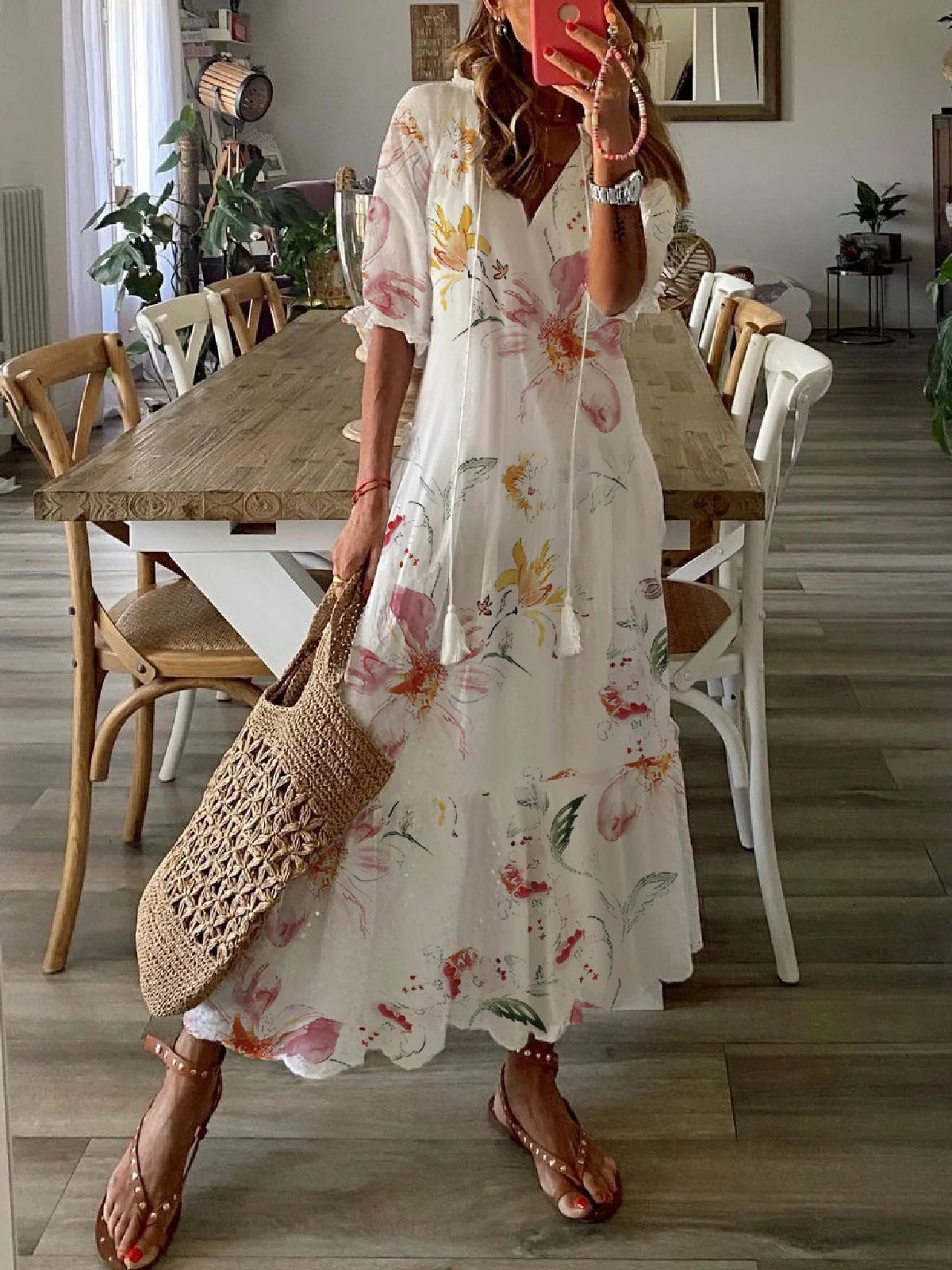 Casual Floral V Neck Short Sleeve Woven Maxi Dress