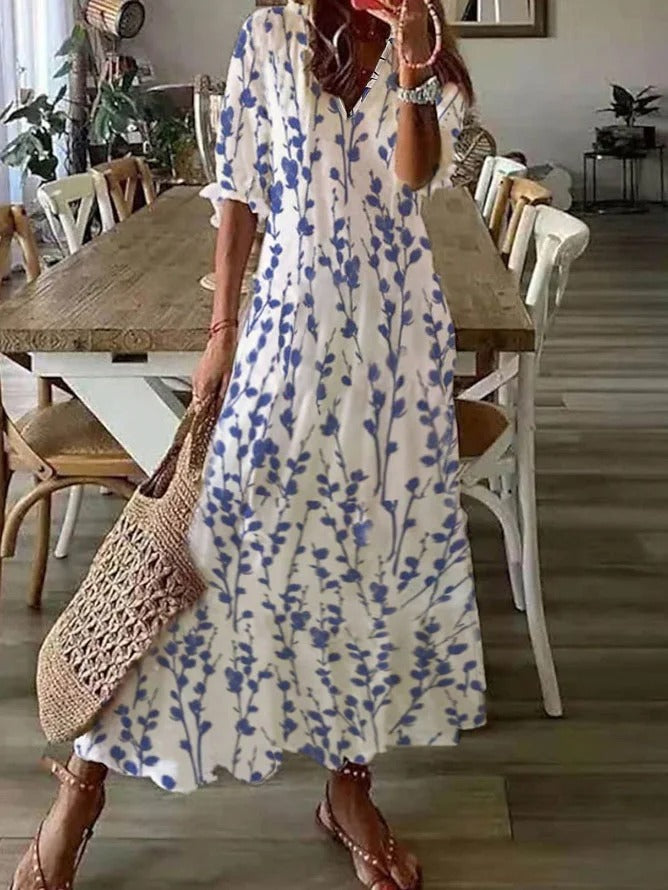 V Neck Loose Blue Floral Casual Maxi Dress