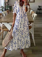 V Neck Loose Blue Floral Casual Maxi Dress
