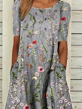 Loose Casual Printed Crew Neck Midi Dress
