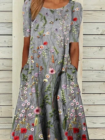 Loose Casual Printed Crew Neck Midi Dress