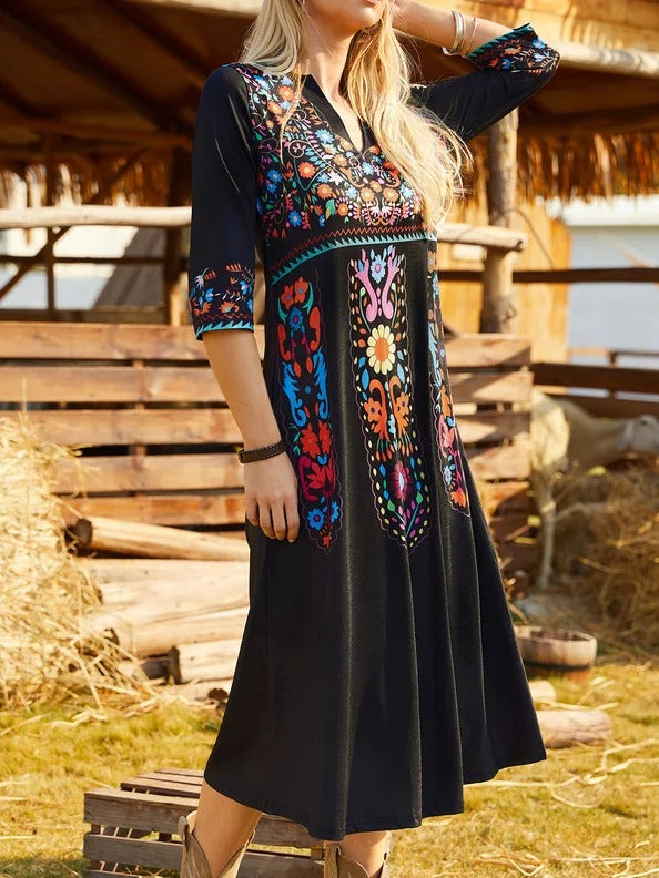 V Neck Boho Regular Fit Midi Dress