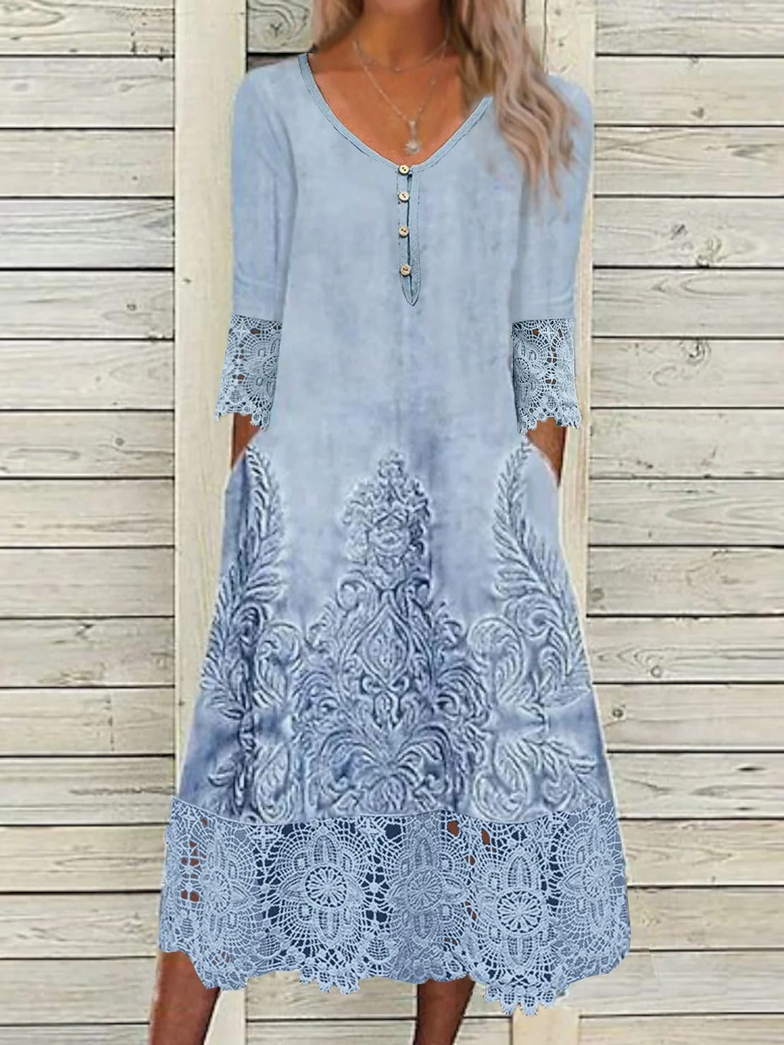 Lace Casual Asymmetrical Random Print Midi Dress