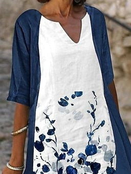 Lässiges, zweiteiliges Midikleid mit V-Ausschnitt und Farbblock-Design in regulärer Passform