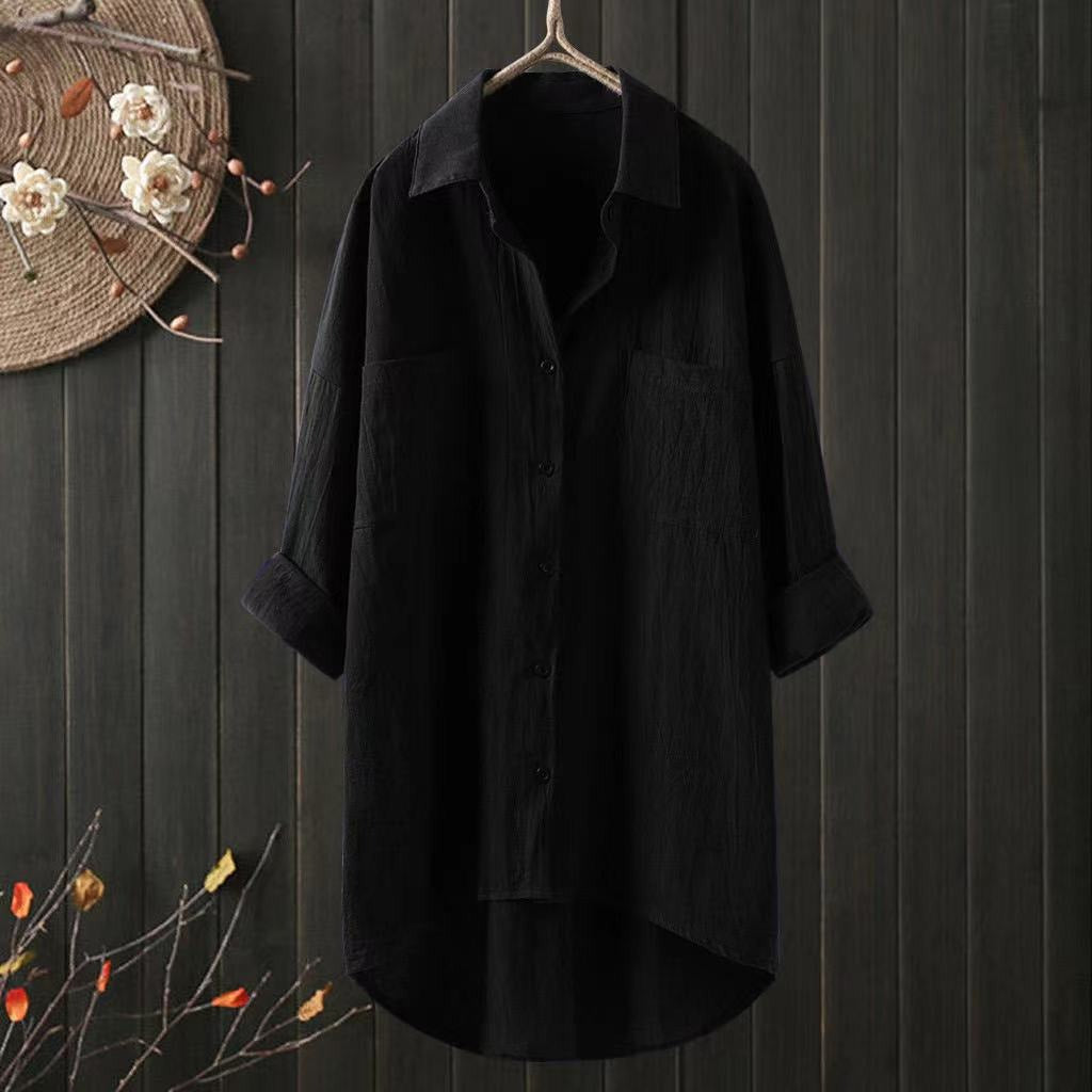 Solid Shirt Collar Cotton Linen Loose Shirt