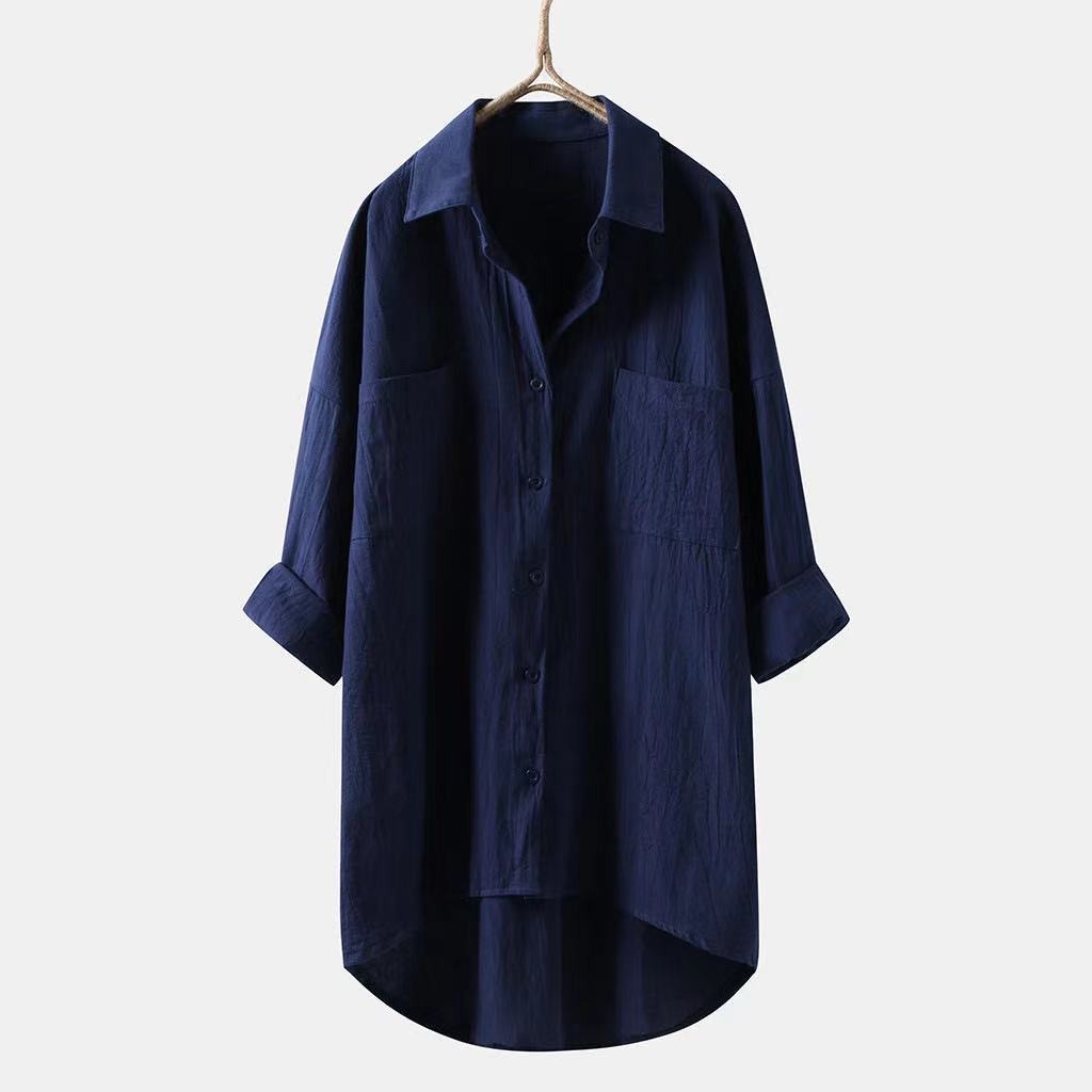 Solid Shirt Collar Cotton Linen Loose Shirt