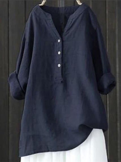 Standing Collar Solid Color Buttons Long Sleeved Shirt