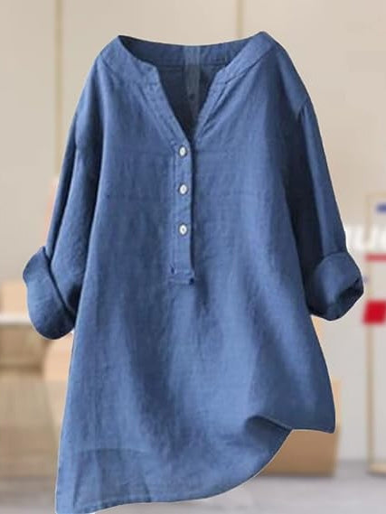 Standing Collar Solid Color Buttons Long Sleeved Shirt