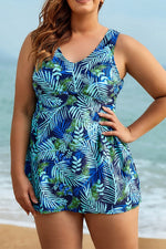 Leaf Print Wide Straps V-neck Swimdress