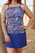 Geometric Print High Neck with Navy Skirt Tankini