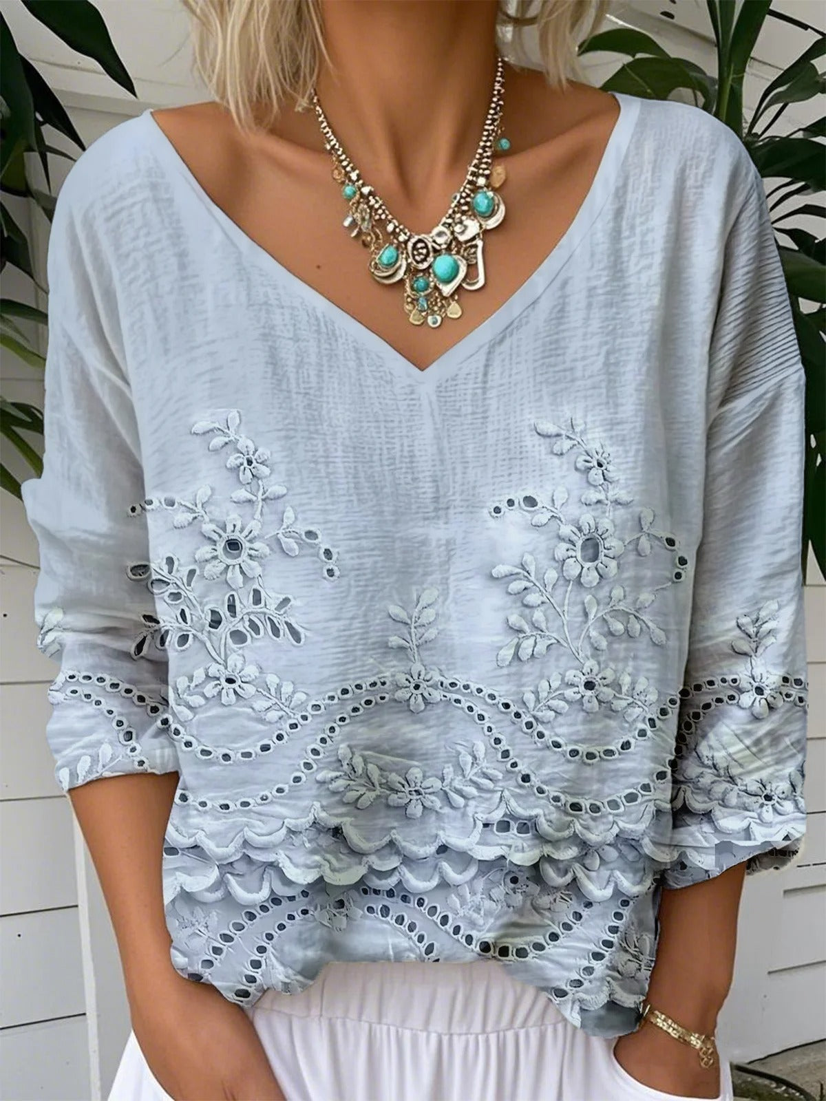 Powder Blue Embroidered V-neck 3/4 Sleeve Blouse