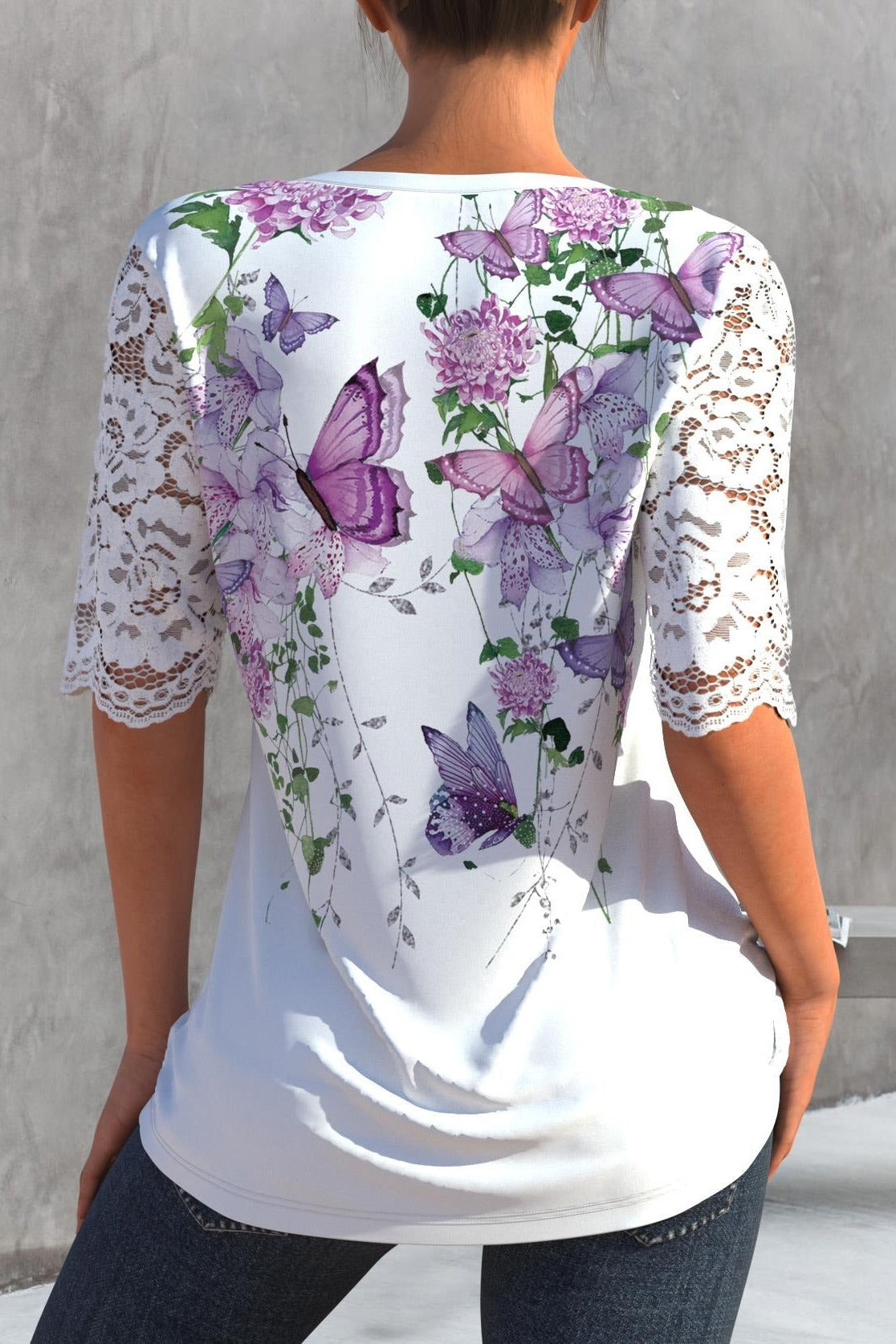 Floral Butterfly Print V-neck Lace Half Sleeves Blouse
