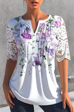 Floral Butterfly Print V-neck Lace Half Sleeves Blouse