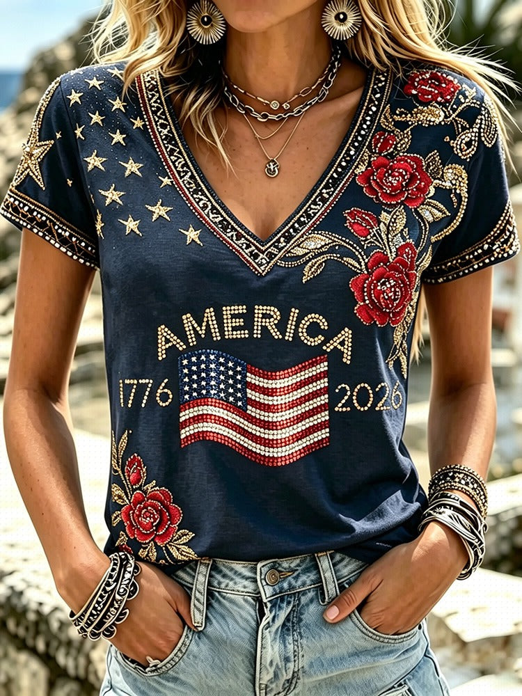 Women's Independence Day Rhinestone Flag Floral Pattern Casual T-shirt