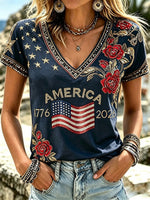 Women's Independence Day Rhinestone Flag Floral Pattern Casual T-shirt