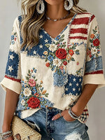 Vintage Independence Day Flag Flower Art Print V-neck T-shirt