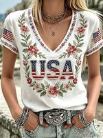 Vintage Anniversary Flower Art Print V Neck Linen Blend Casual T-shirt