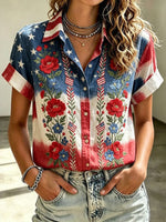 Vintage American Flag & Floral Art Print Short-sleeve Shirt