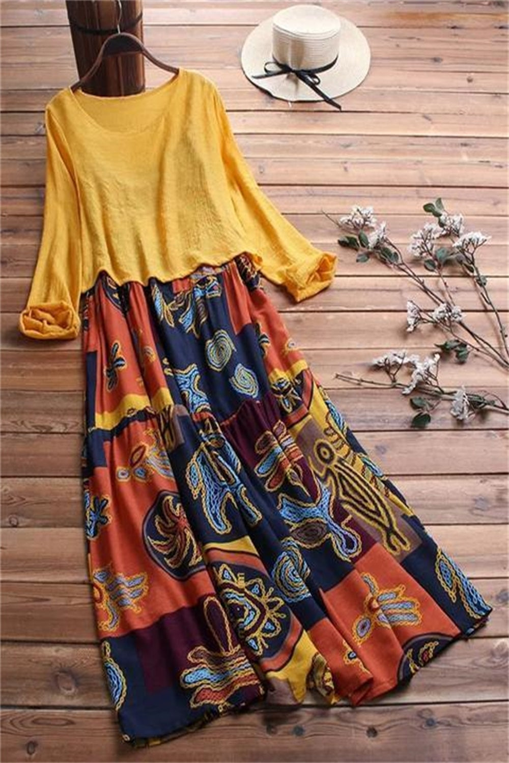 Character Print Round Neck Long Sleeves Maxi Two Piece Dress