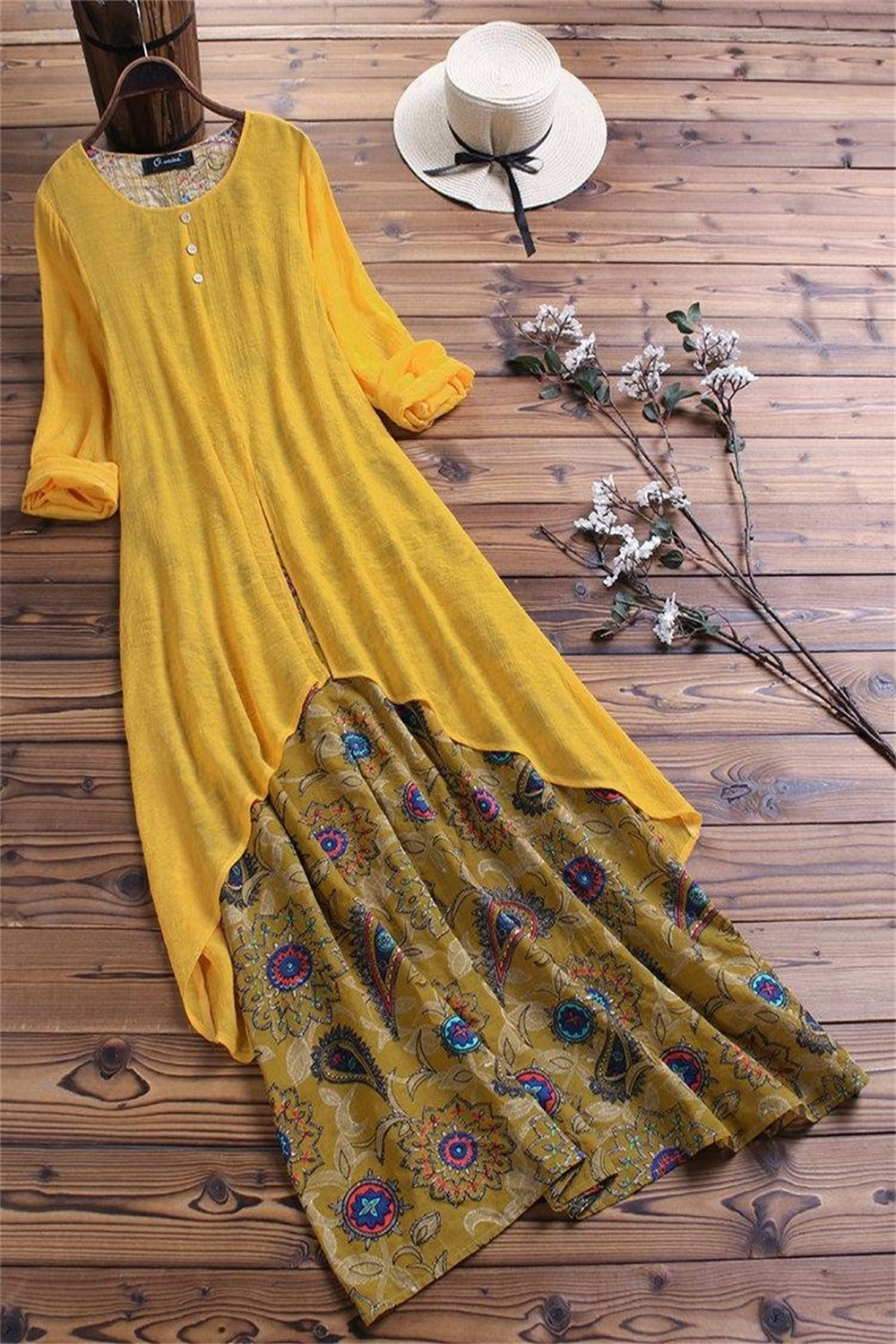 Floral Print O-neck Long Sleeves Maxi Dress