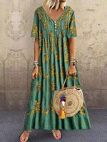 Floral Print V-neck Short Sleeves Maxi Dress