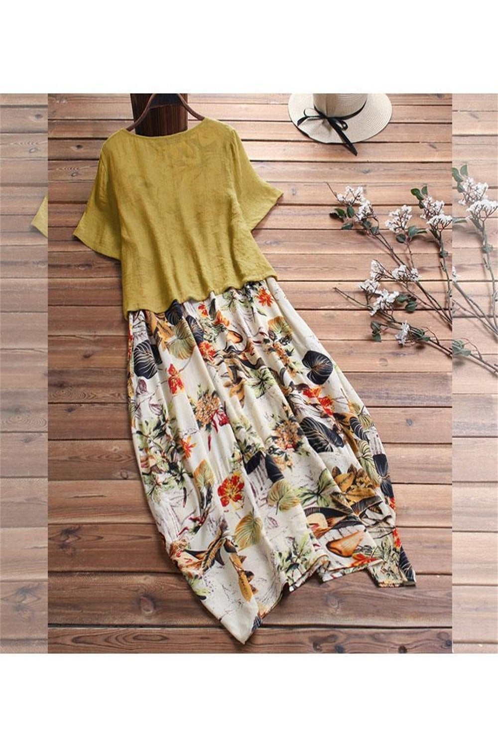 Floral Print Round Neck Short Sleeves Maxi Two Piece Dress